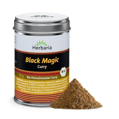 Herbaria Black Magic Curry in aromadichter Dose, mit Gewürzprobe. Bio-Feinschmecker Curry.