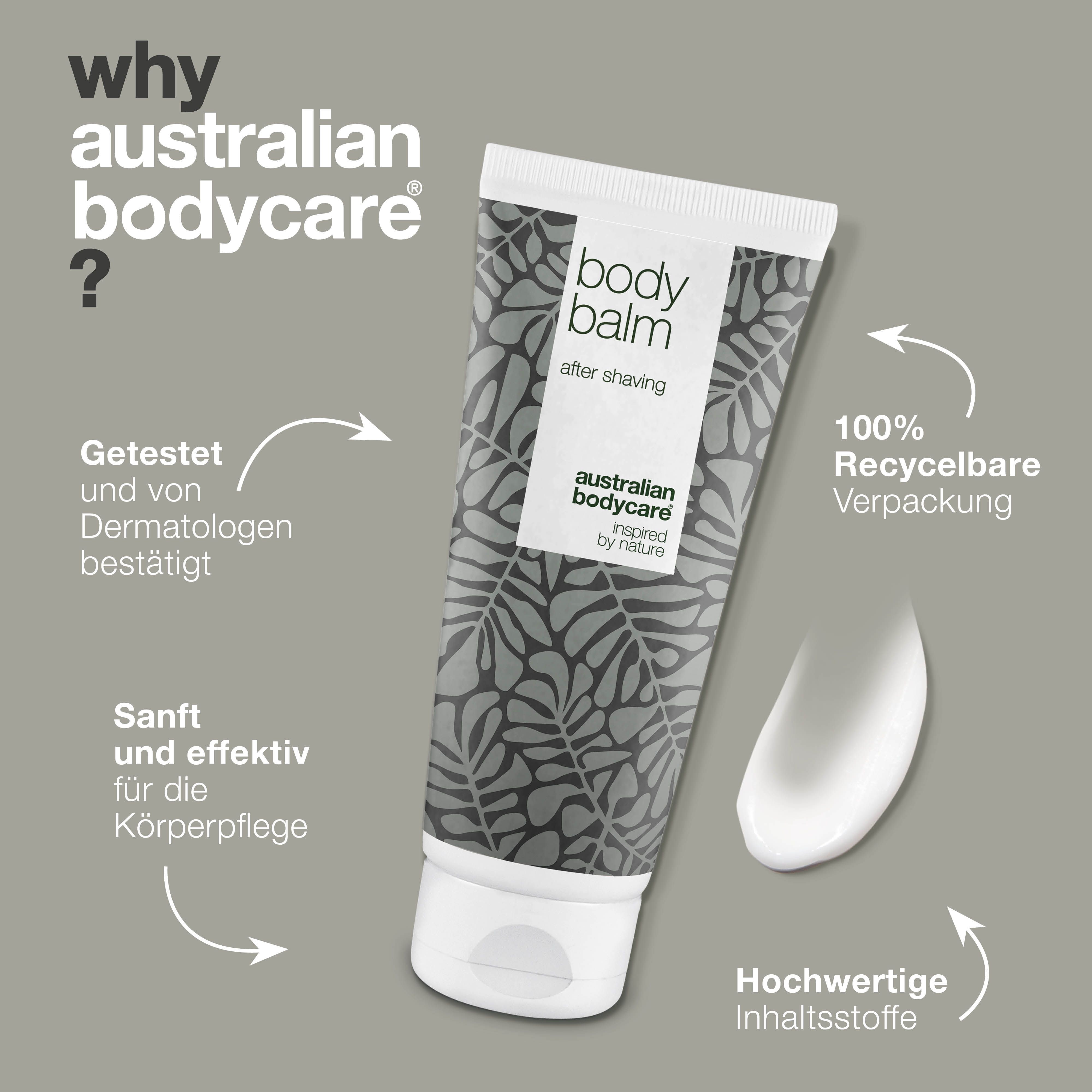 Tube After Shave Balsam. Text: Getestet von Dermatologen, sanft und effektiv, 100% recycelbare Verpackung. Australian Bodycare.