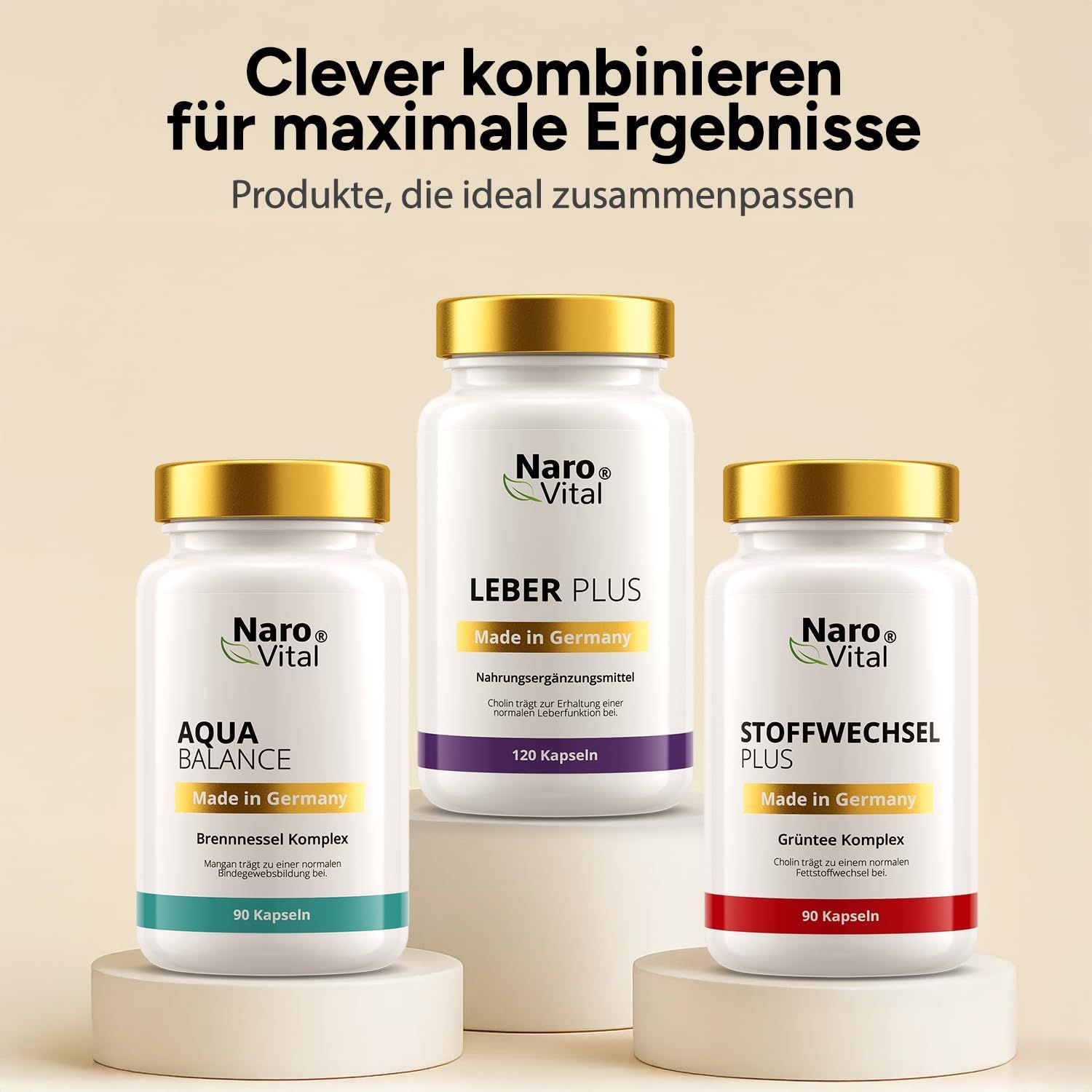 Drei Flaschen mit goldfarbenen Deckeln. Aqua Balance, Leber Plus, Stoffwechsel Plus. Text: Clever kombinieren für maximale Ergebnisse. Produkte, die ideal zusammenpassen.