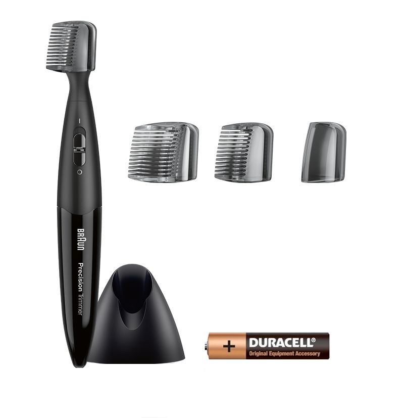 Präzisionstrimmer mit Zubehör: Trimmer, Kammaufsätze, Ladestation, Batterie. Marke Braun.