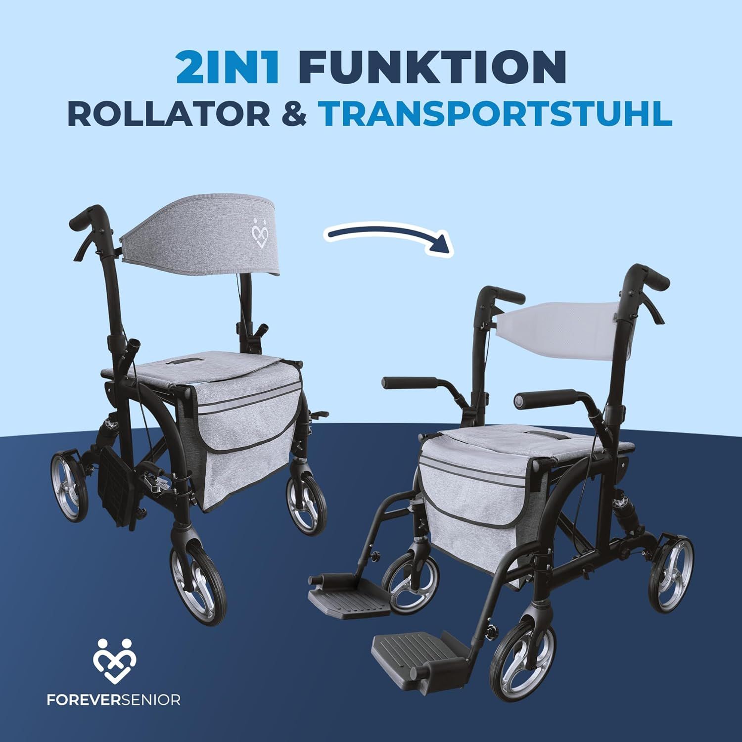 Rollator und Transportstuhl. Graue Sitzfläche, schwarzes Gestell. Text: ForeverSenior. Text: 2in1 Funktion.