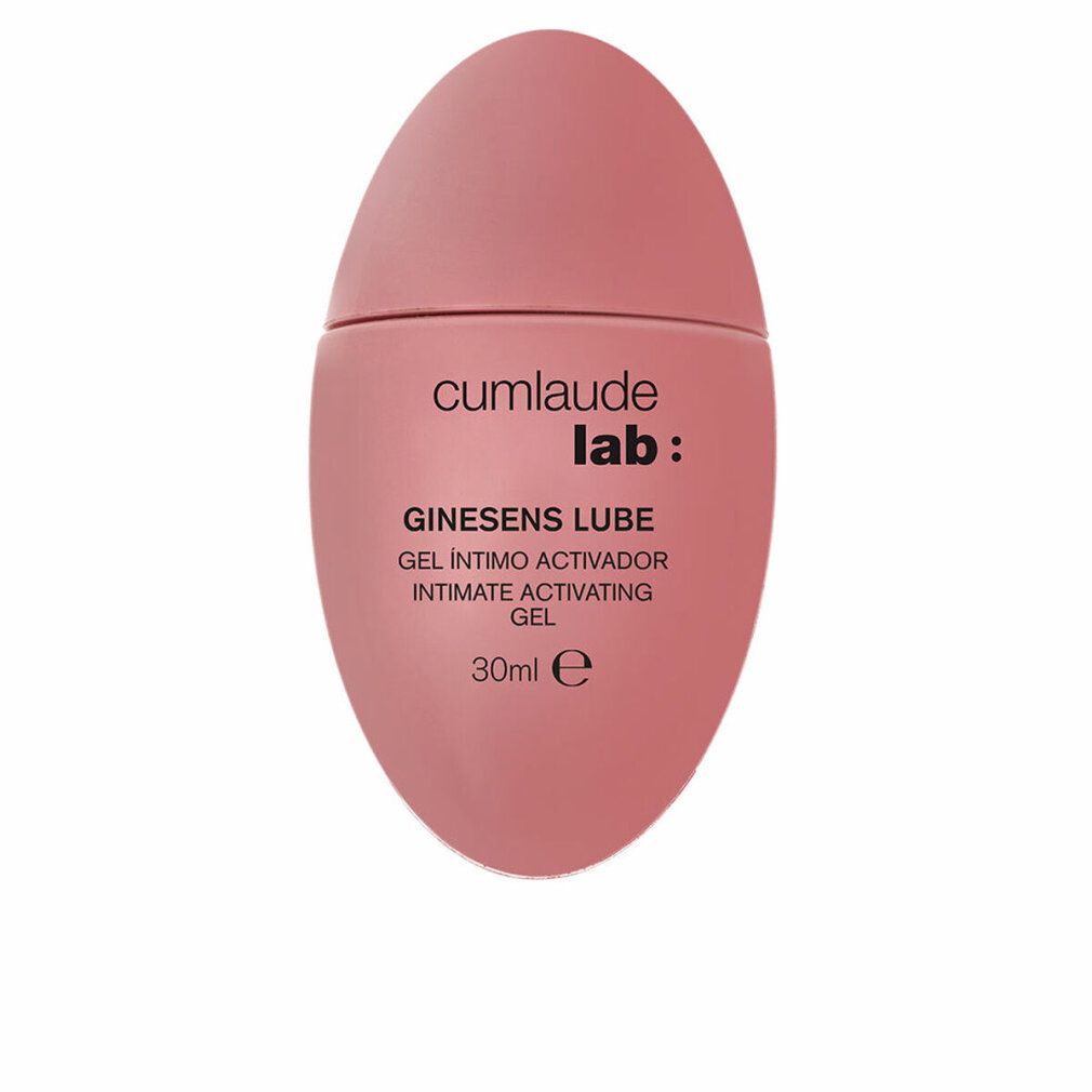 Rosa Flasche mit ovaler Form. Aufschrift: GINESENS LUBE, GEL INTIMO ACTIVADOR, INTIMATE ACTIVATING GEL. Marke: cumlaude lab:.