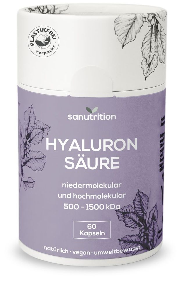 Zylinderförmige Dose mit lila Etikett. Aufschrift: Hyaluronsäure, 60 Kapseln. Vegan, umweltbewusst.