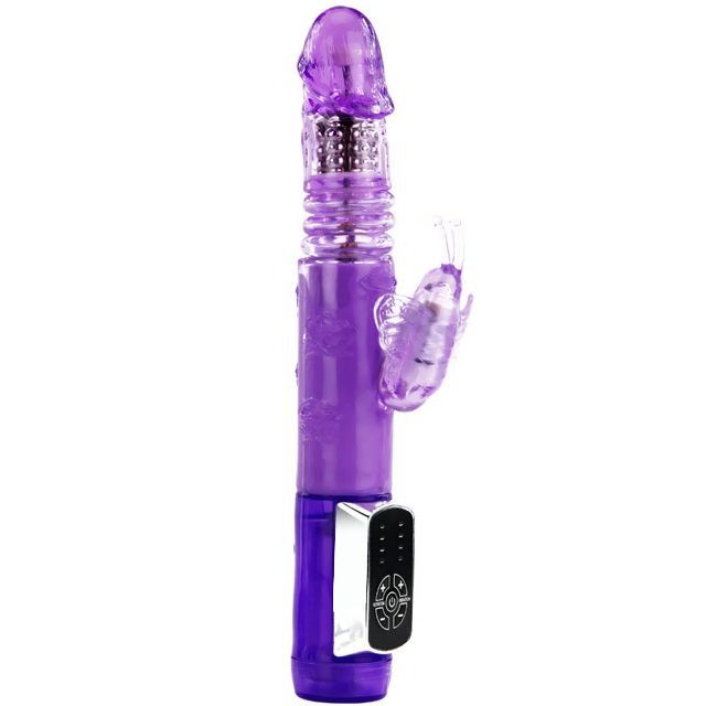 Lila Baile Rabbitvibrator "Schmetterlingsprinz". Vibrator mit Steuerung, Schmetterling-Aufsatz und geriffelter Oberfläche. Produktname nicht sichtbar.