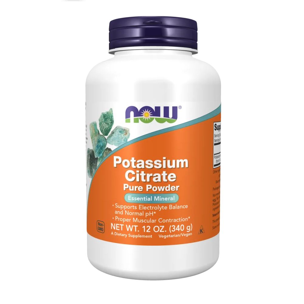 Weiße Flasche mit blauem Deckel. Aufschrift: Potassium Citrate Pure Powder. Orangefarbener Hintergrund. Marke: NOW. Nettogewicht: 12 OZ. (340 g).