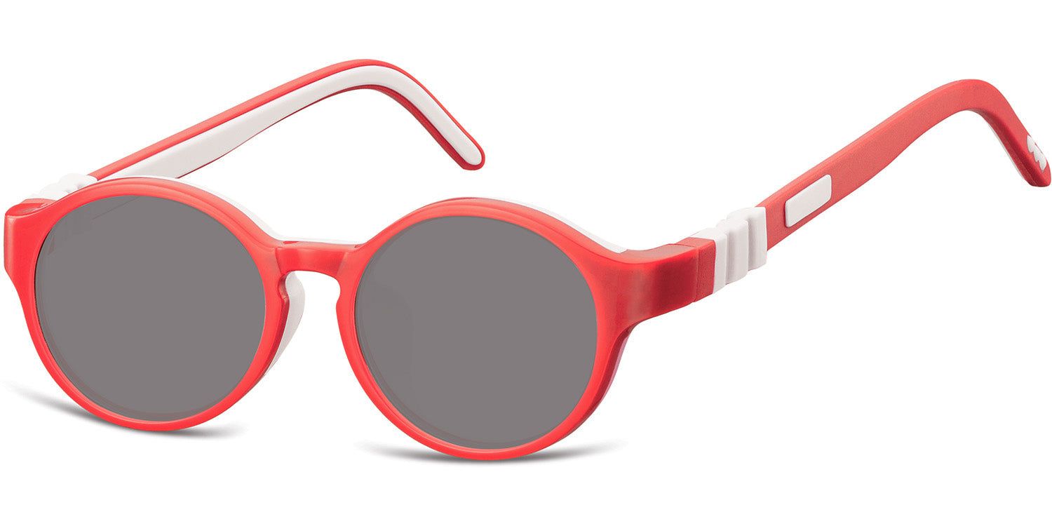Rote Sonnenbrille mit runden Gläsern und weißen Bügelenden. Graue Gläser. Kindersonnenbrille.