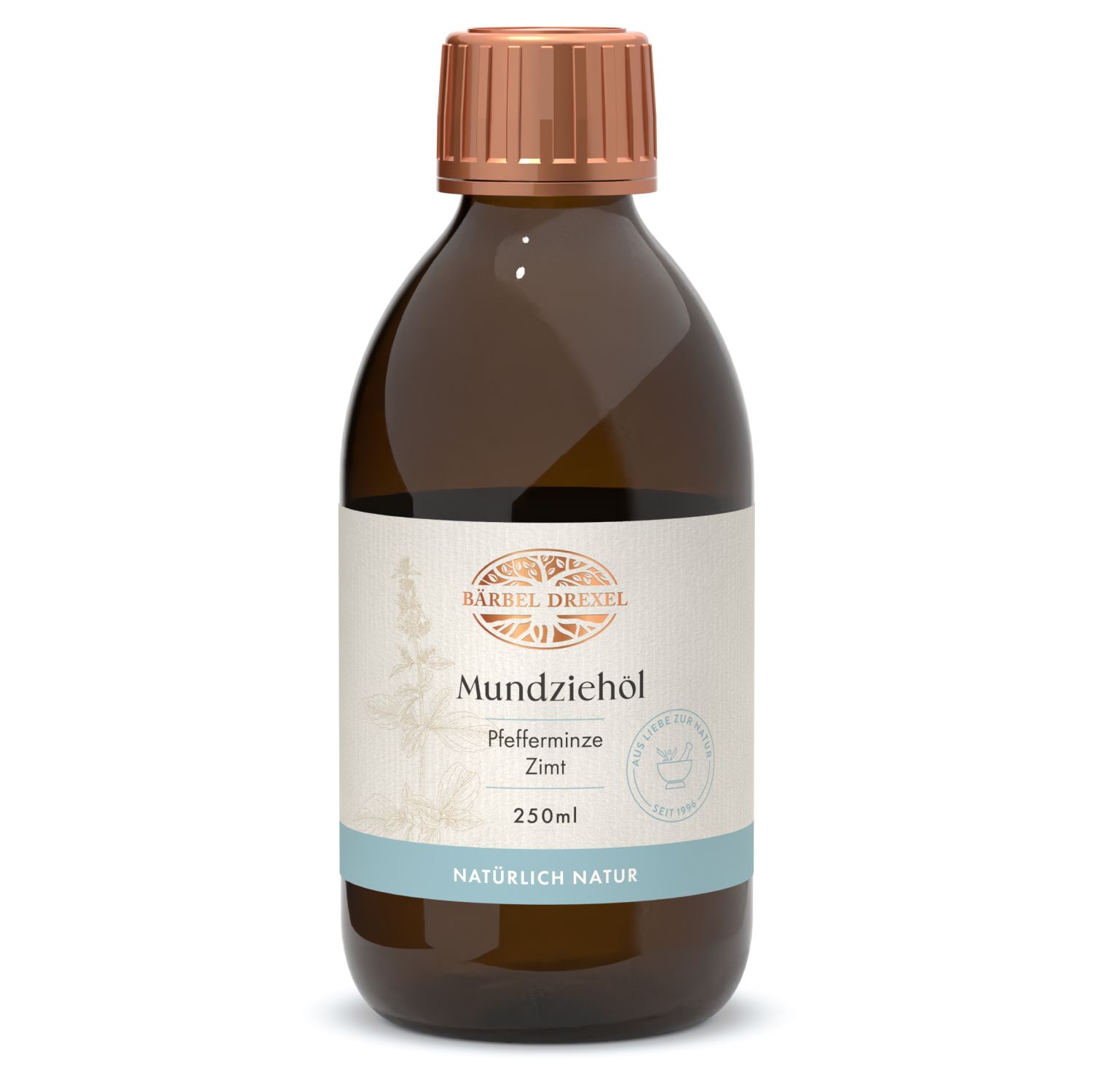 Braune Glasflasche mit kupferfarbenem Verschluss. Etikett mit Produktname, Marke und Inhaltsangaben. "Mundziehöl Minze/Zimt" ist lesbar.