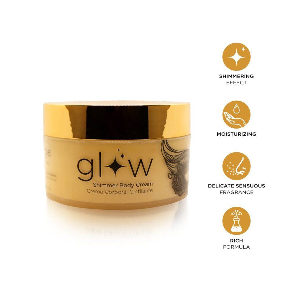 Beige Creme in rundem Tiegel mit goldenem Deckel. Aufschrift "glow Shimmer Body Cream". Symbole für Schimmer, Feuchtigkeit, Duft und Formel.