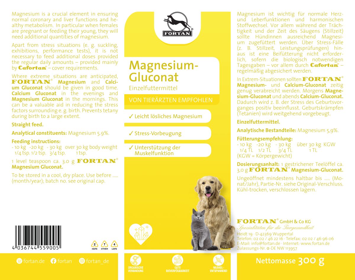 Gelbes Etikett mit Text und Logo. Aufschrift: Magnesium-Gluconat. Abbildung von Hund und Katze. Text in Deutsch und Englisch.