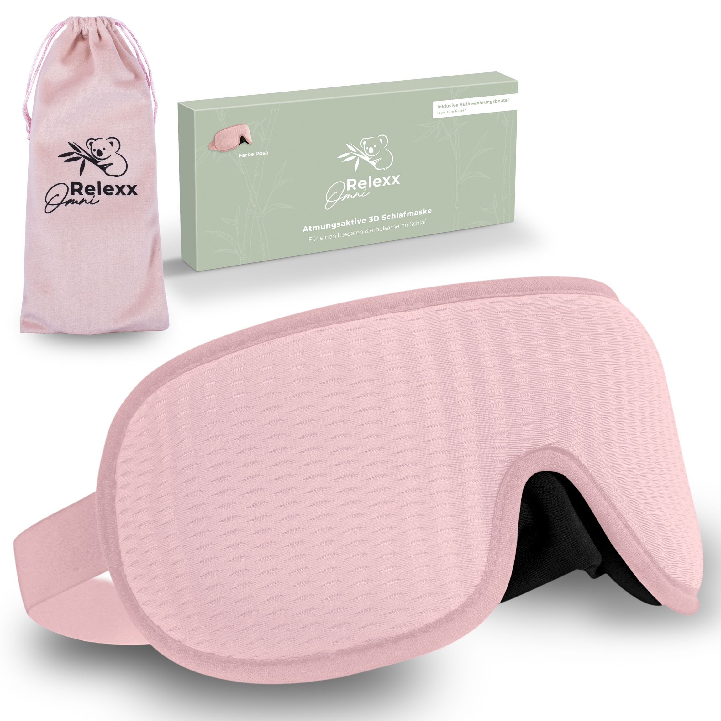 Rosa 3D Schlafmaske mit Reisebeutel und Verpackung.