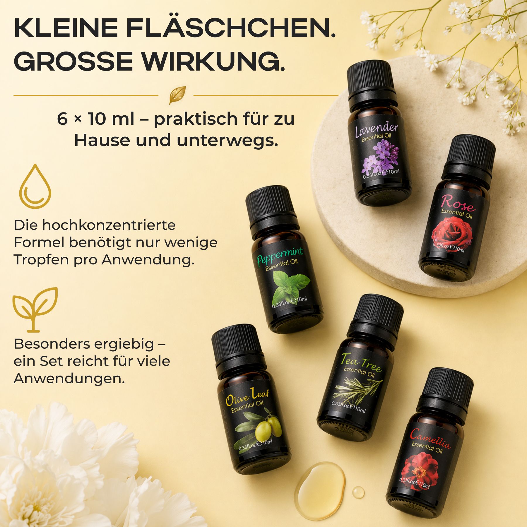 Sechs kleine dunkle Glasflaschen mit ätherischen Ölen, beschriftet mit Lavendel, Rose, Pfefferminze, Teebaum, Olivenblatt und Kamille.