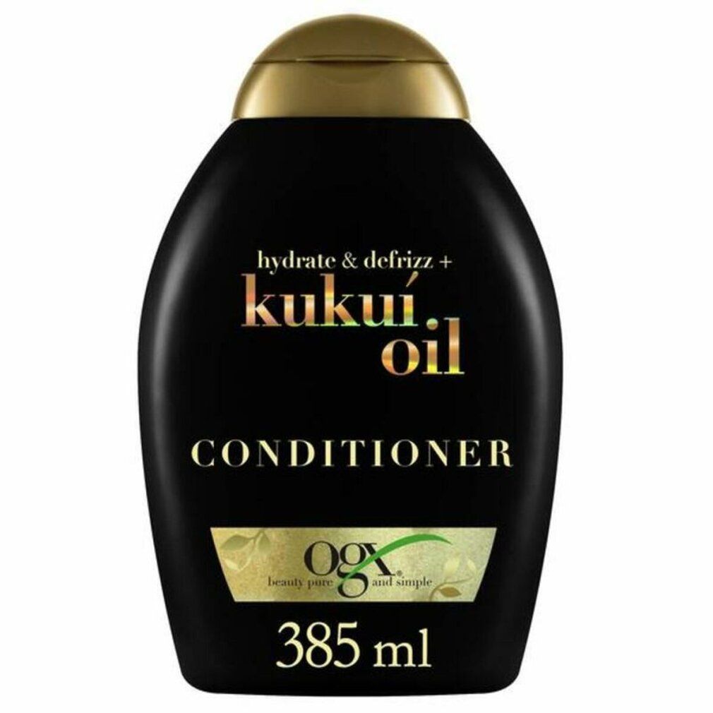 Schwarze Flasche mit goldfarbenem Deckel. Text: Kukui Oil Conditioner, 385ml. Marke: OGX.
