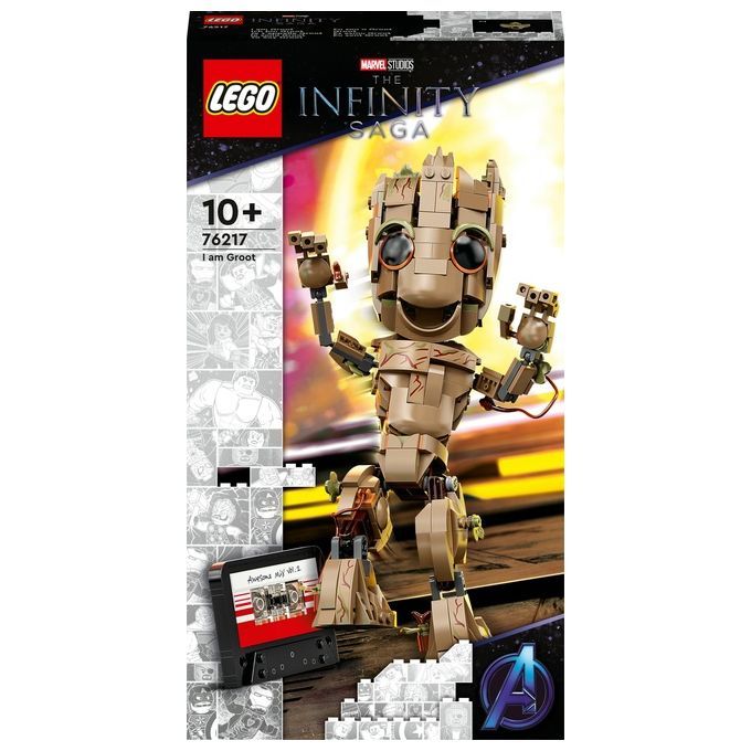 Set LEGO Marvel 76217 Io Sono Groot. La confezione mostra un modello di Groot costruito con mattoncini LEGO. Il set è adatto a bambini dai 10 anni in su. Include una replica di Groot, con braccia e gambe mobili.
