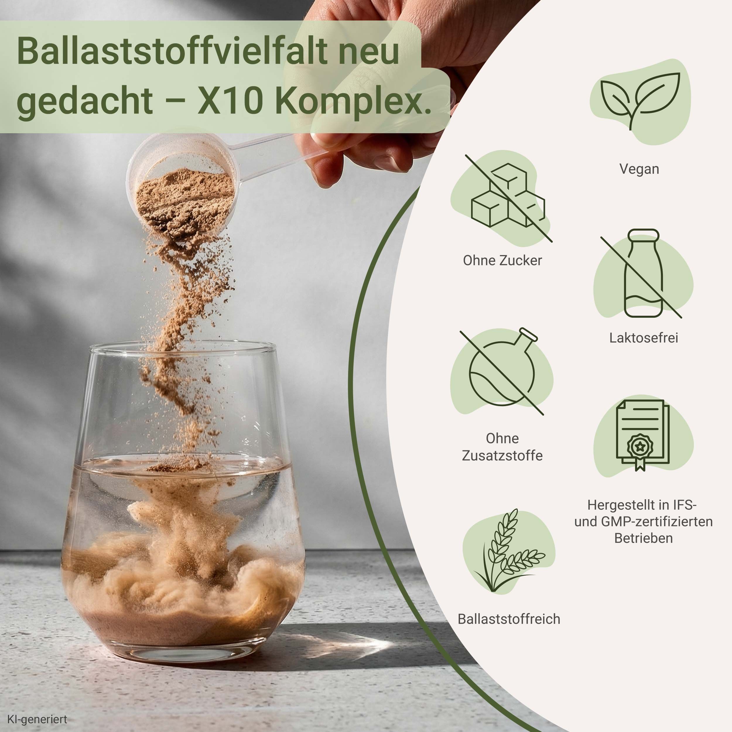 Pulver wird aus einem Löffel in ein Glas Wasser geschüttet. Icons zeigen vegan, ohne Zucker, laktosefrei, ohne Zusatzstoffe, ballaststoffreich und zertifizierte Herstellung.