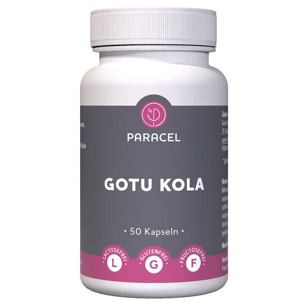 Weiße Flasche mit Kapseln. Aufschrift: Paracel Gotu Kola, 50 Kapseln. Logos: Laktosefrei, Glutenfrei, Fructosefrei.