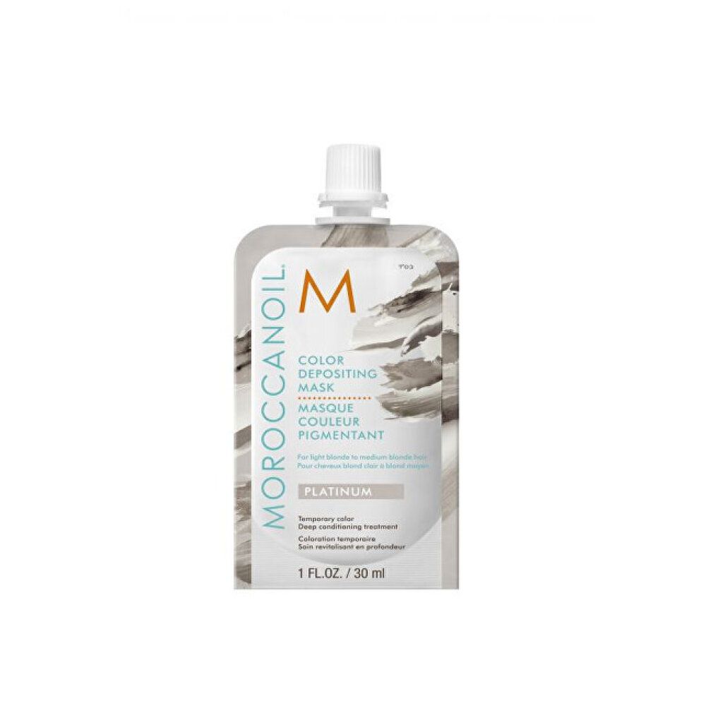 Kleine, weiße Verpackung. Aufschrift: Moroccanoil Color Depositing Mask Platinum. 1 FL.OZ./30 ml.
