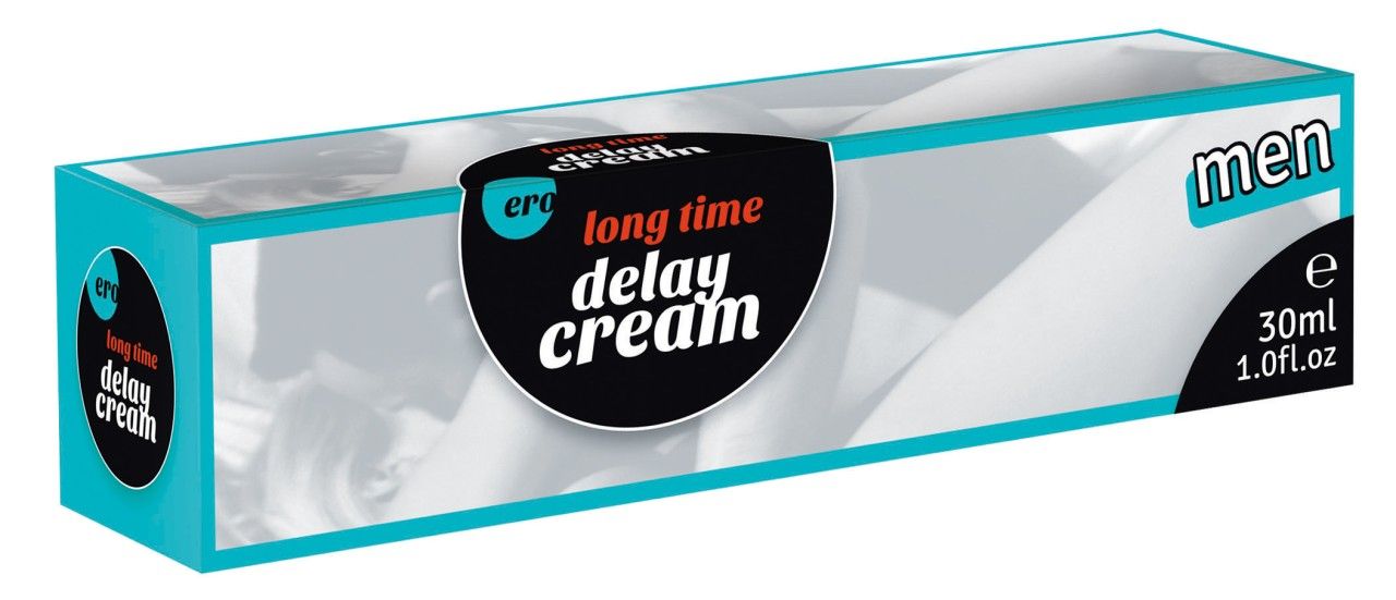 Schachtel. Aufschrift: long time delay cream. Logo: ero. Text: men. Türkis-weiße Verpackung.