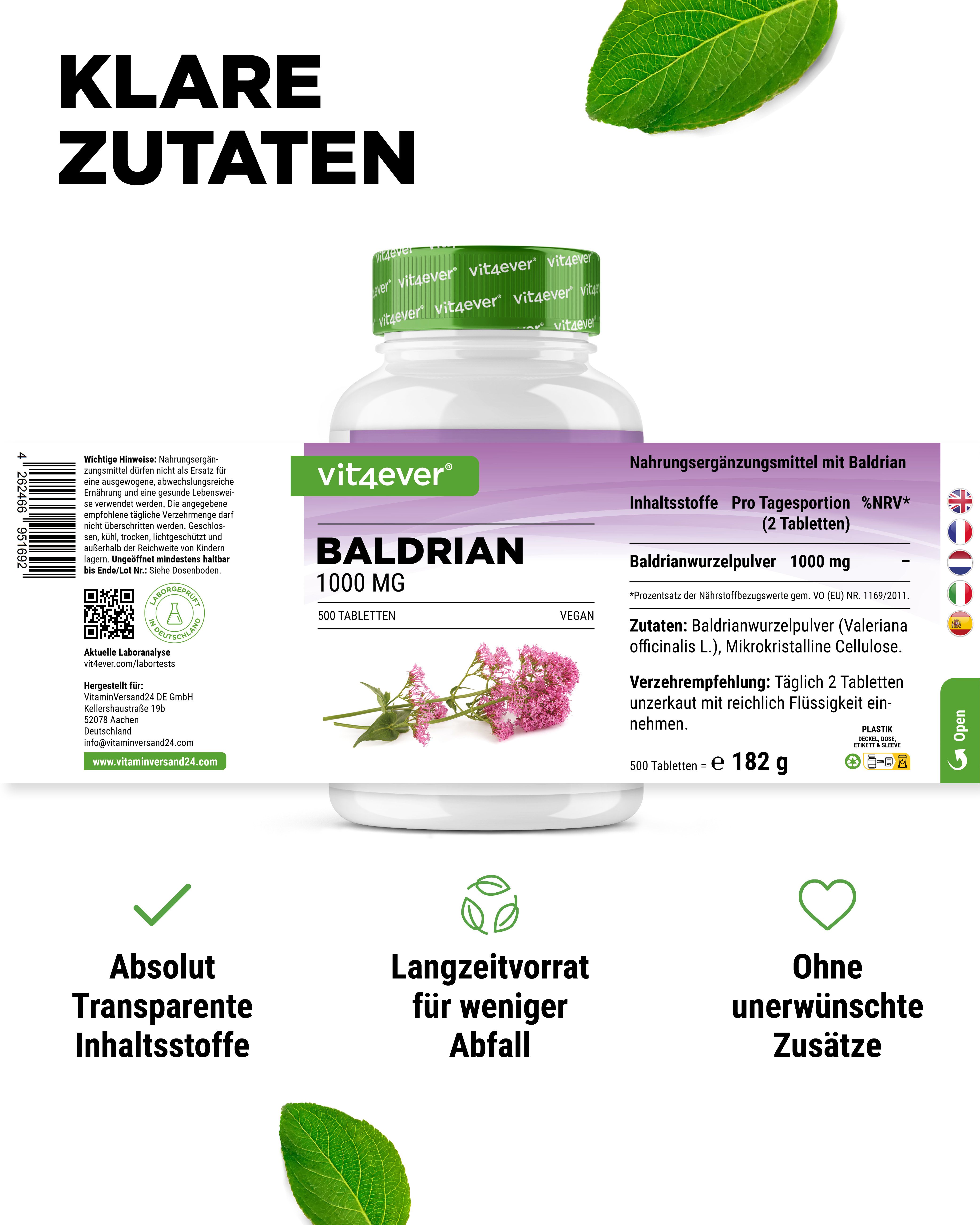 Produktflasche mit Etikett. Aufschrift: vit4ever, Baldrian 1000 MG, 500 Tabletten. Zusätzliche Informationen.