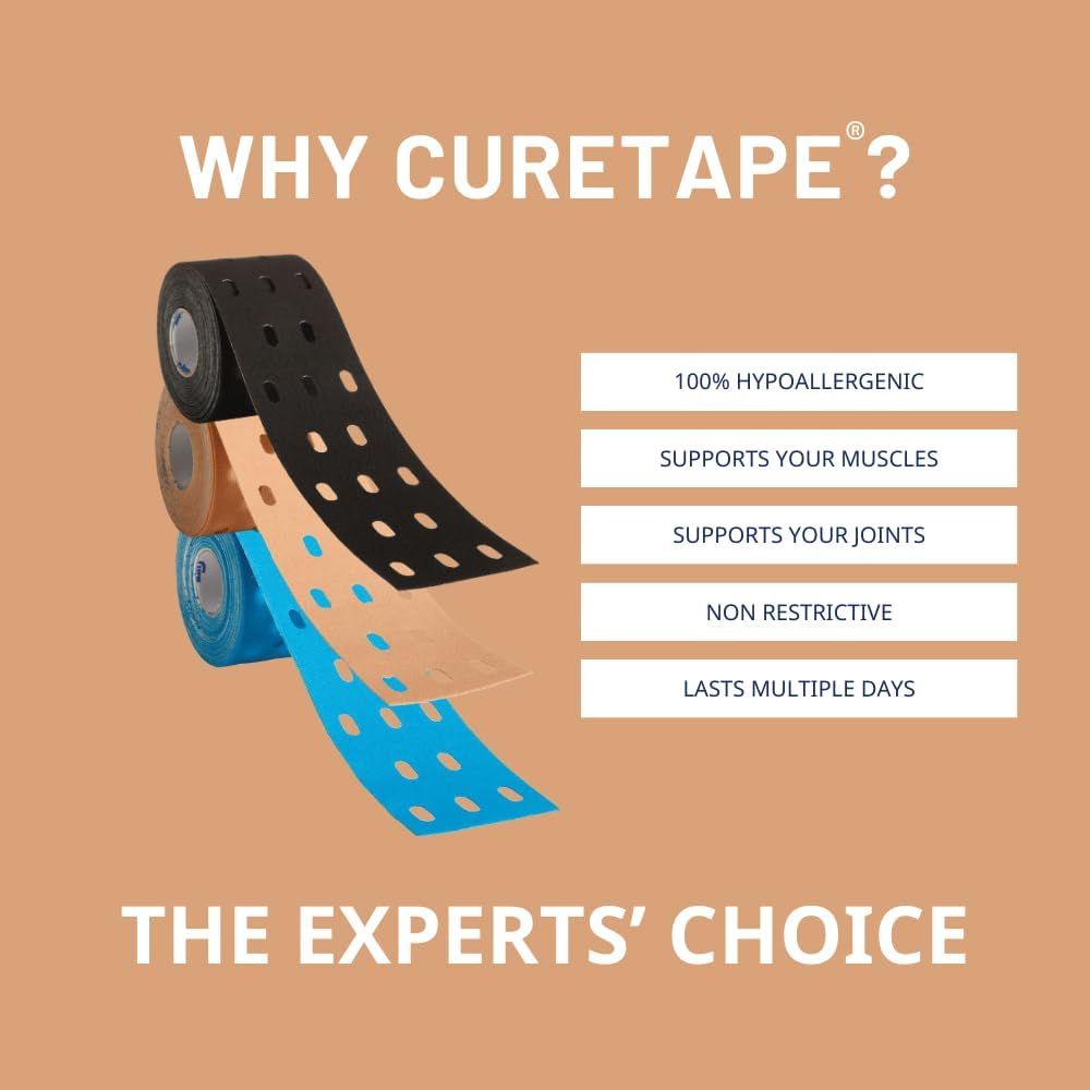 Drei Rollen Kinesiologie-Tape in Schwarz, Beige und Blau, mit Eigenschaften wie hypoallergen und langlebig.
