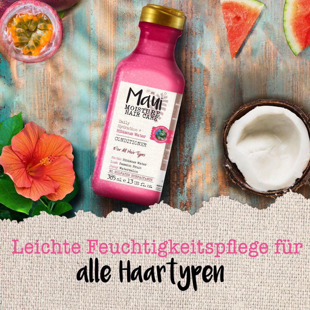 Rosa Flasche mit goldfarbenem Deckel. Aufschrift Maui Moisture. Daneben Hibiskusblüte, Passionsfrucht und Wassermelone.