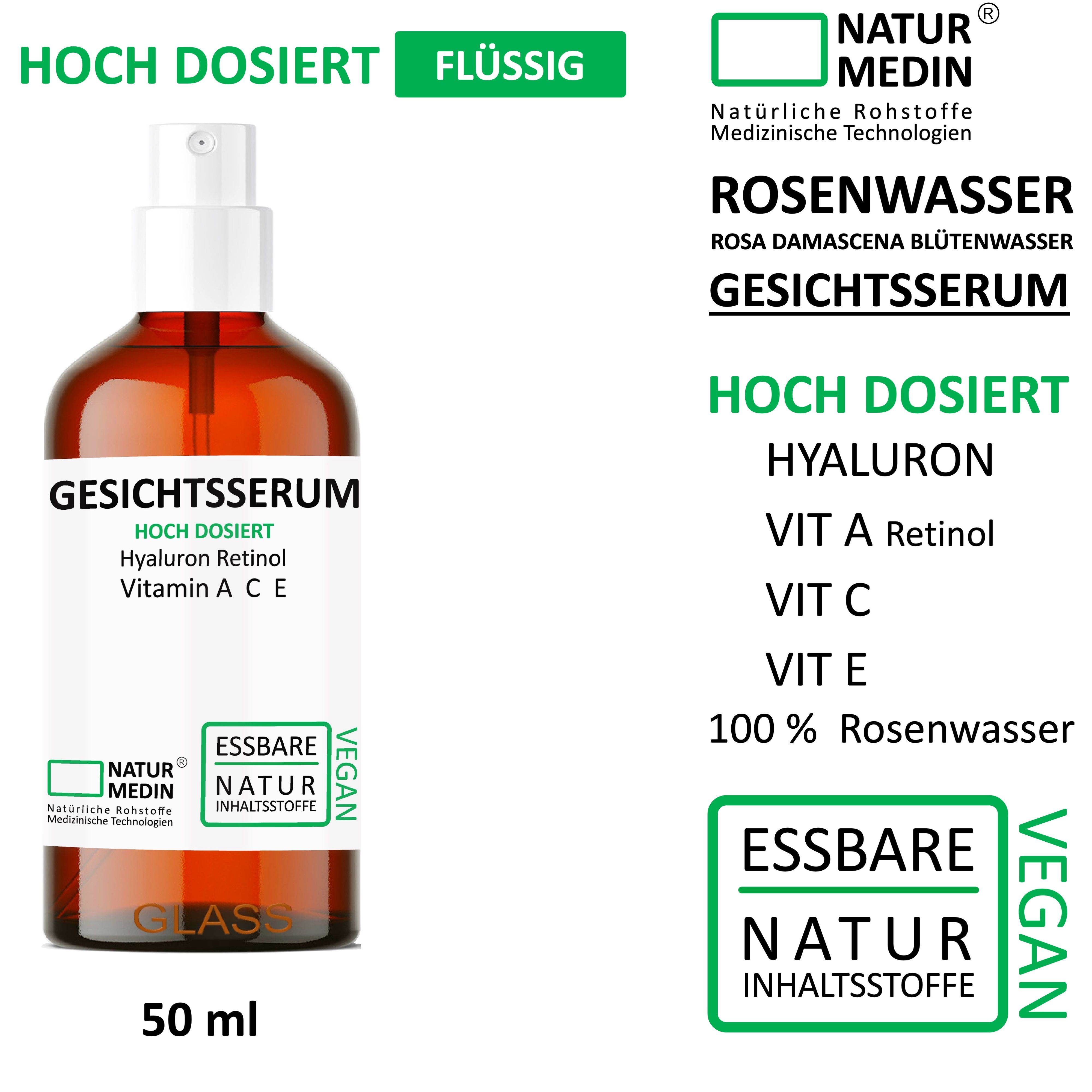 Braune Glasflasche mit Sprühkopf. Beschriftung: Gesichtsserum, Hyaluron, Vitamin A C E. 50 ml. Hochdosiert.