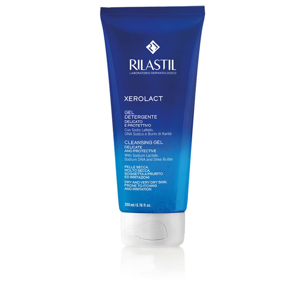 Blau-weiße Tube mit Produktnamen und Text. Enthält Rilastil Xerolact Gel Detergente.