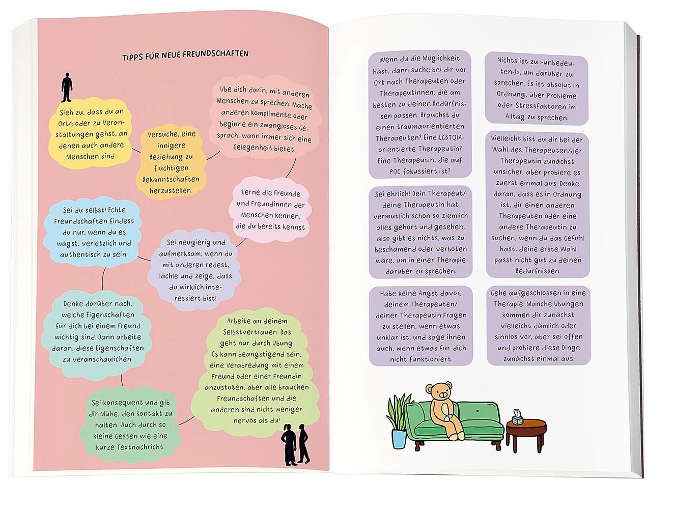 Buchinnenseite mit Text und Illustrationen. Thema: Freundschaften. Text in deutscher Sprache. Illustrationen im Comic-Stil.