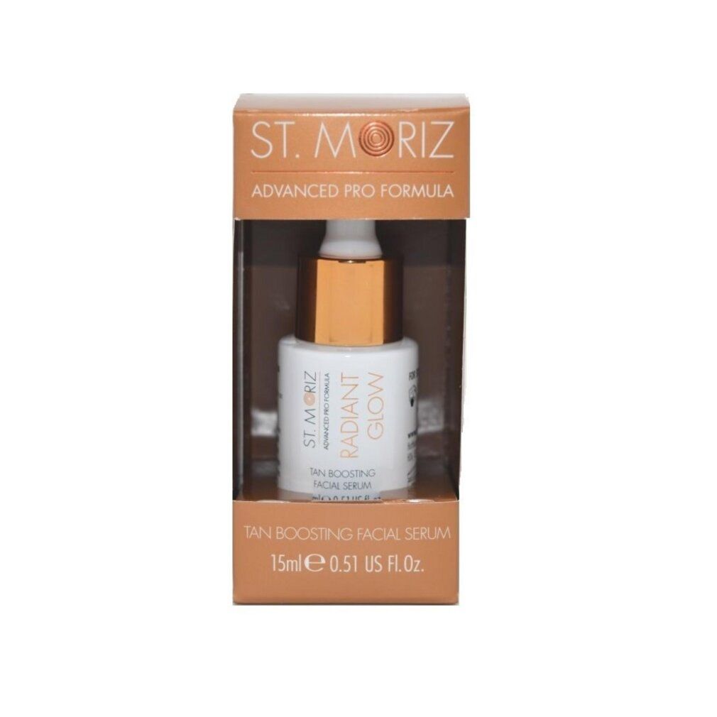 Gesichtsserum in Verpackung. Flasche mit goldener Kappe. Text: St. Moriz, Radiant Glow, Tan Boosting Facial Serum.