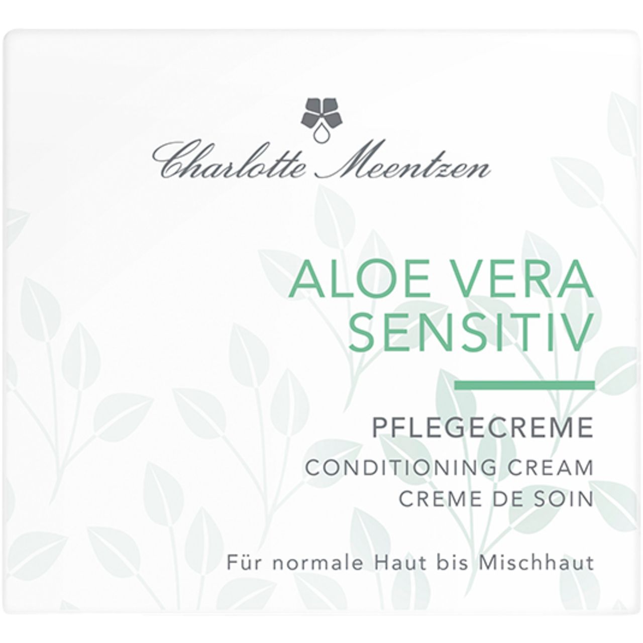 Weiße Verpackung mit Produktnamen und Logo. Text: Aloe Vera Sensitiv, Pflegecreme, für normale Haut bis Mischhaut.