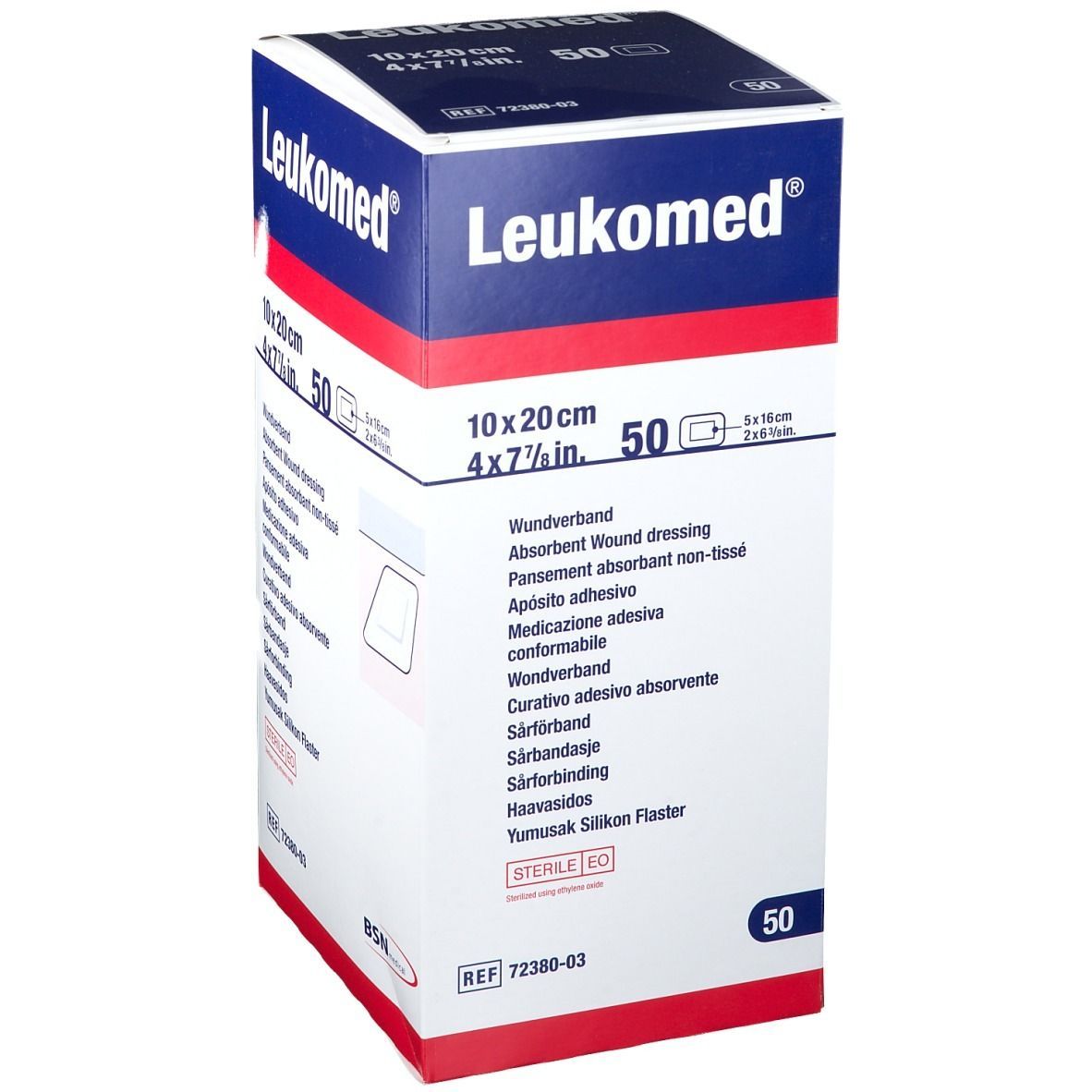 Karton mit Leukomed Wundverband. Größe 10x20cm, 50 Stück. Aufschrift: Wundverband, steril.