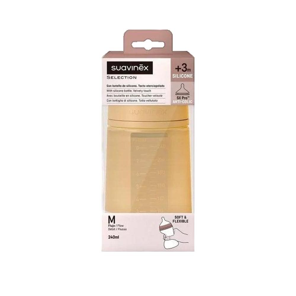 Suavinex Babyflasche 240 ml, Silikon, symmetrischer SX Pro Sauger, ab 3 Monaten, senfgelb
