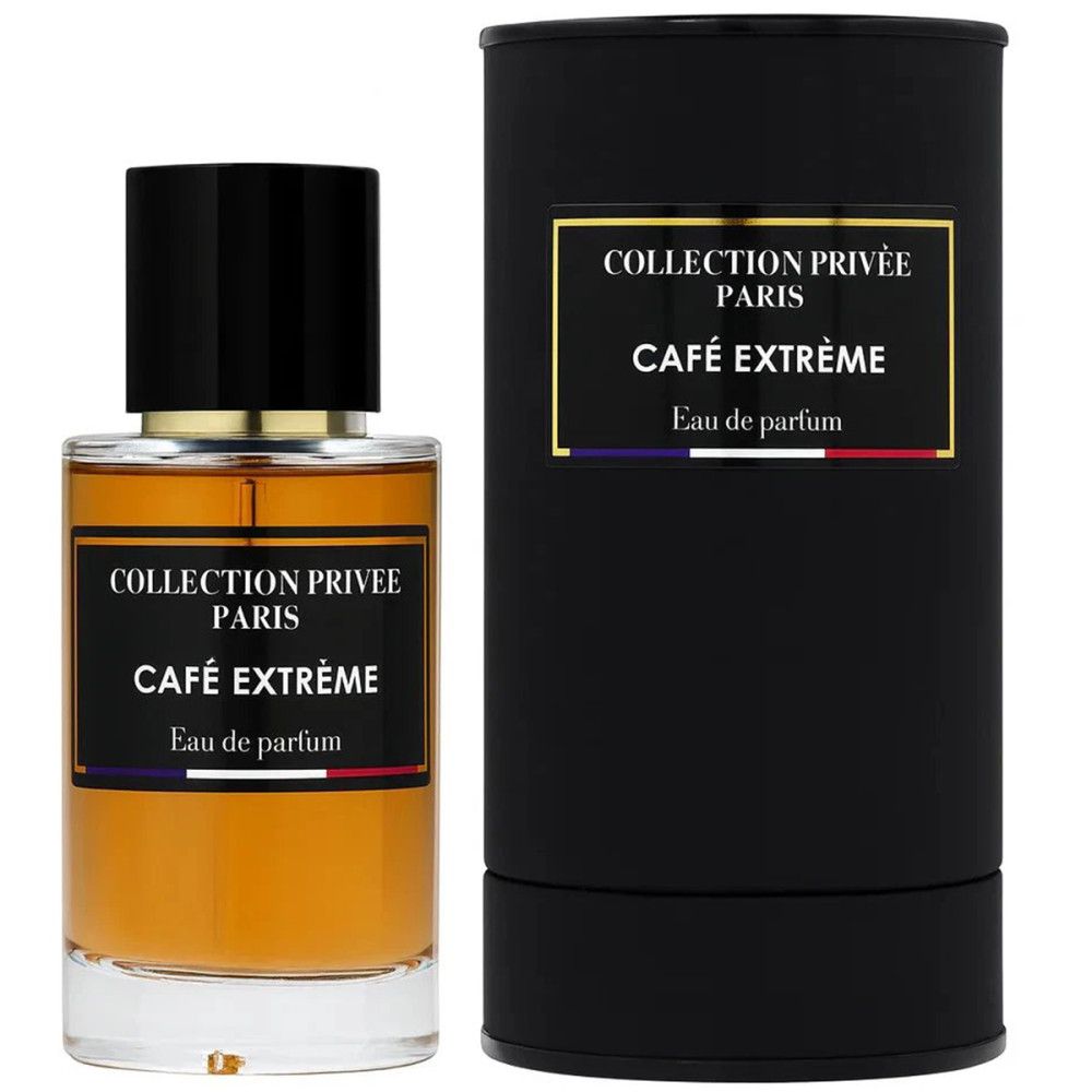 Parfümflasche und schwarze zylindrische Verpackung. Aufkleber mit Text: Collection Privée Paris, Café Extrême, Eau de parfum.