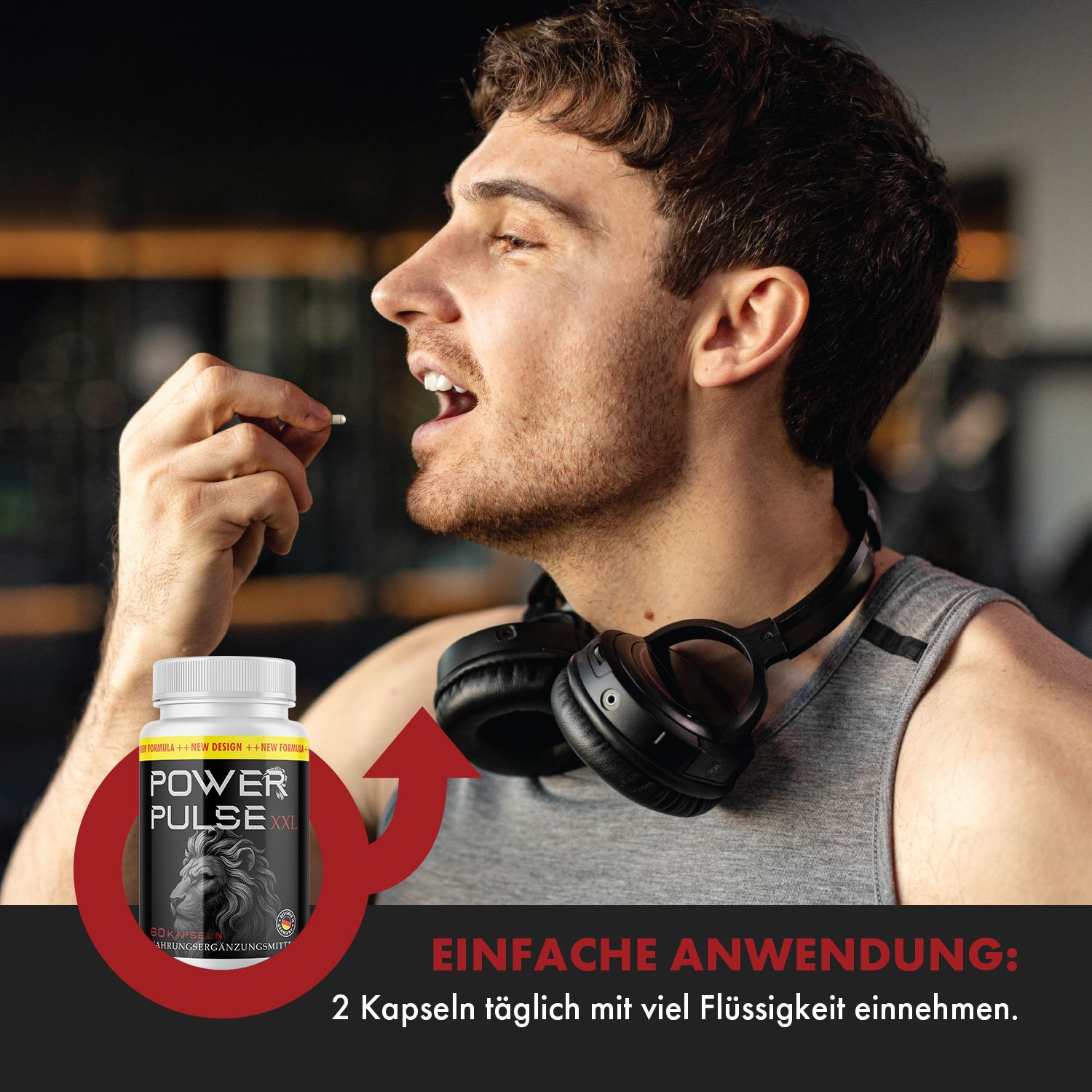Mann nimmt Kapsel ein. Flasche POWER PULSE XXL neben rotem Pfeil. Text: Einfache Anwendung: 2 Kapseln täglich mit viel Flüssigkeit einnehmen.