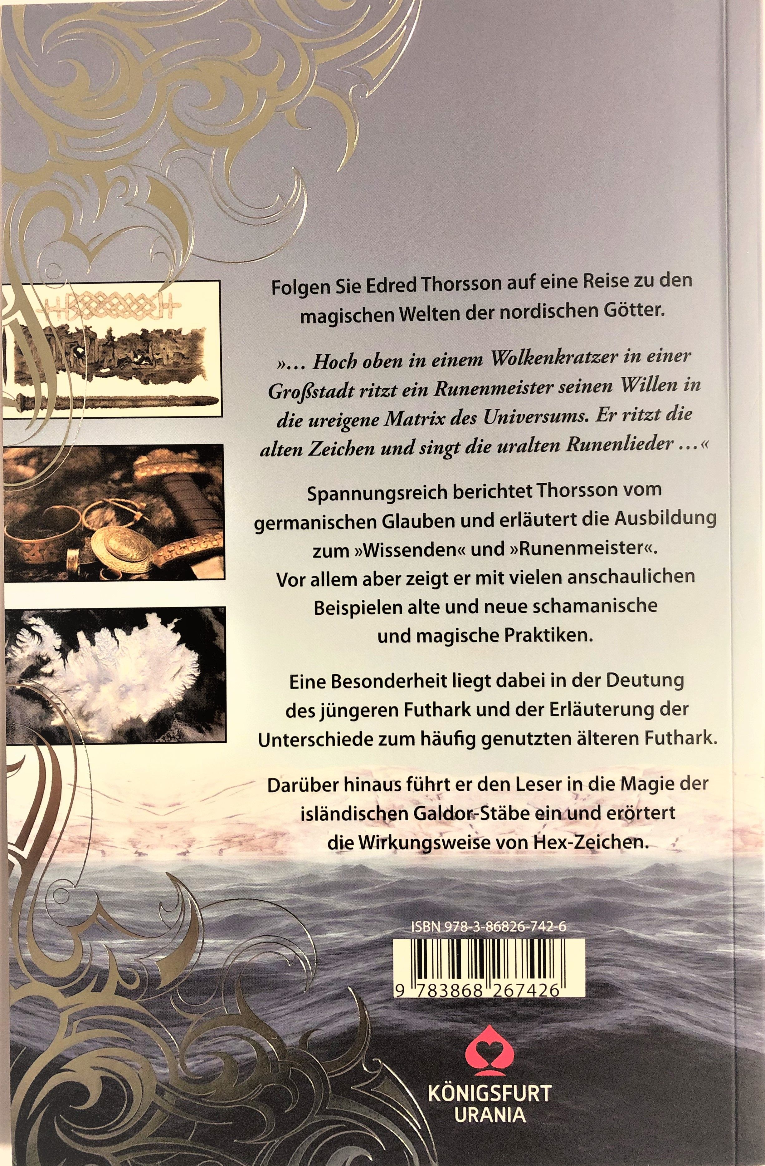 Rückseite des Buches "Nordische Magie". Text und ISBN-Code sichtbar. Logo des Verlags unten.