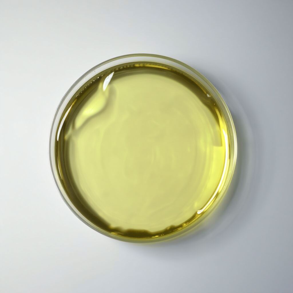 Transparente Petrischale mit gelber Flüssigkeit. Auf weißem Hintergrund.