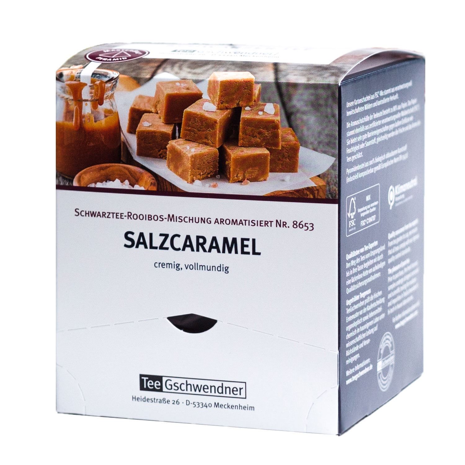 Kartonverpackung mit Salzcaramel-Motiv. Text: Tee Gschwendner, Salzcaramel, cremig, vollmundig. Schwarzer Tee-Rooibos-Mischung aromatisiert.