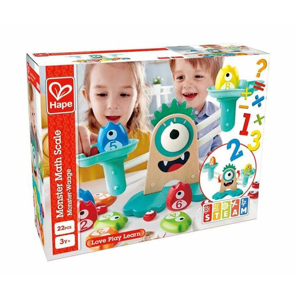 Verpackung der Monster-Waage. Zeigt Kinder beim Spielen. Enthält 22 Teile. Alter 3+.