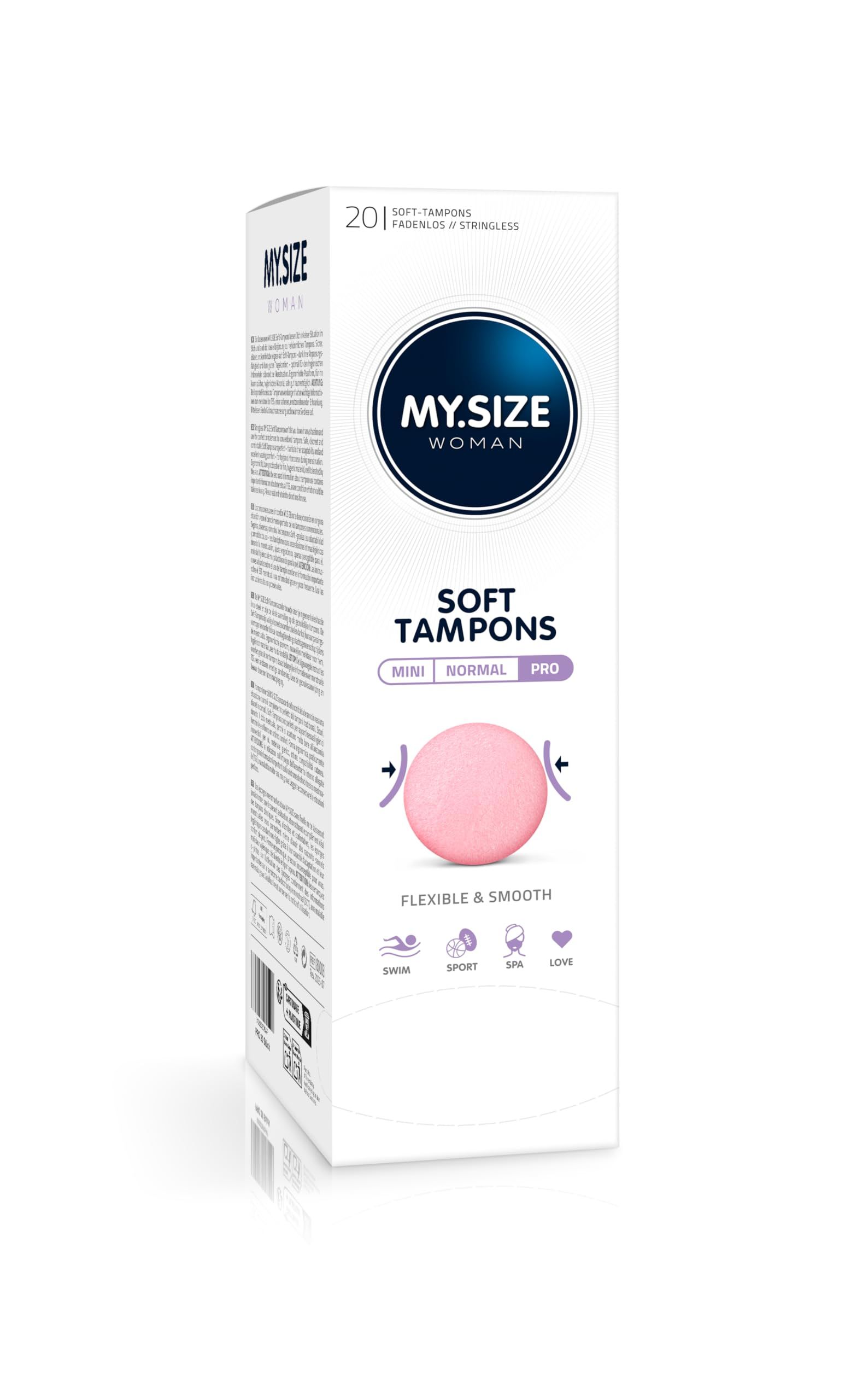Verpackung von MY.SIZE Woman Soft Tampons Pro, 20 Stück. Rosa Tampons, flexibel und glatt.
