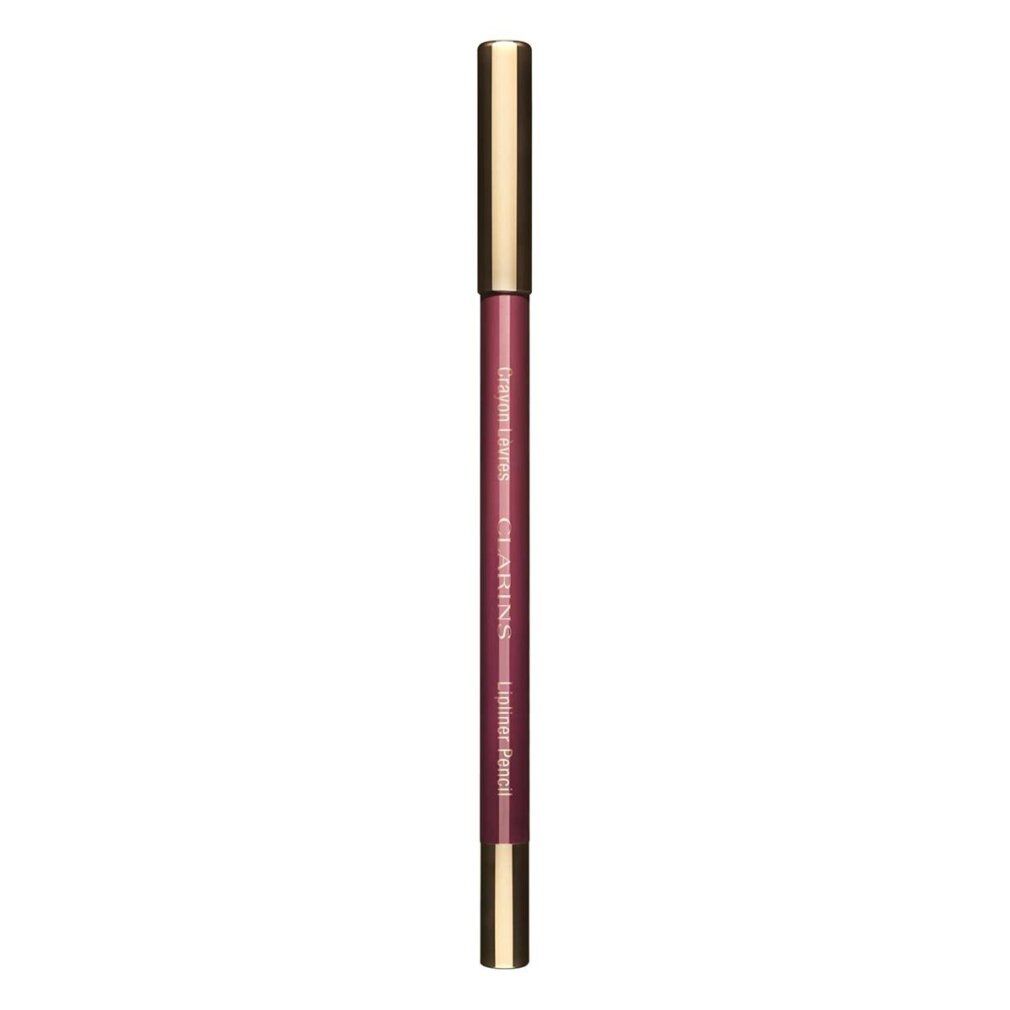 Lippenstiftstift, plumfarben, mit goldfarbenen Enden. Text: Crayon Lèvres, Lipliner Pencil. Marke Clarins.