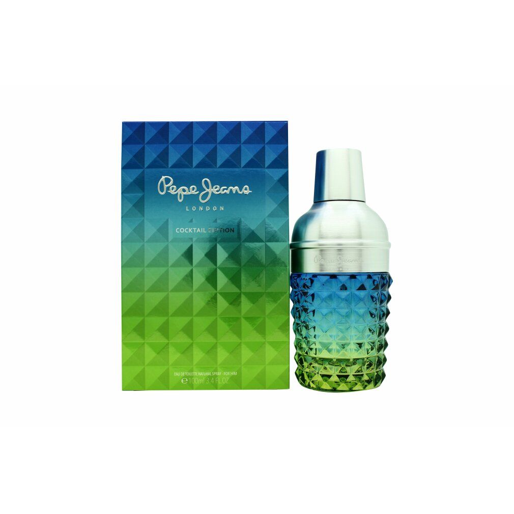 Flakon und Verpackung von Pepe Jeans For Him Cocktail Edition. Flakon in Shaker-Form, Farbverlauf von Grün zu Blau. Verpackung mit Logo.