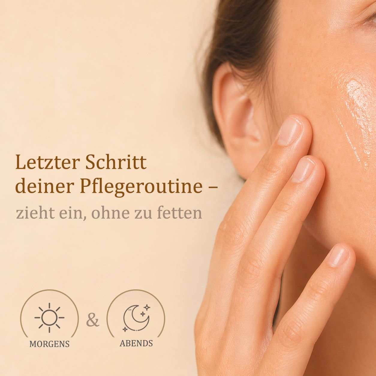 Frau trägt Öl auf ihr Gesicht auf, mit Symbolen für Morgen und Abend.