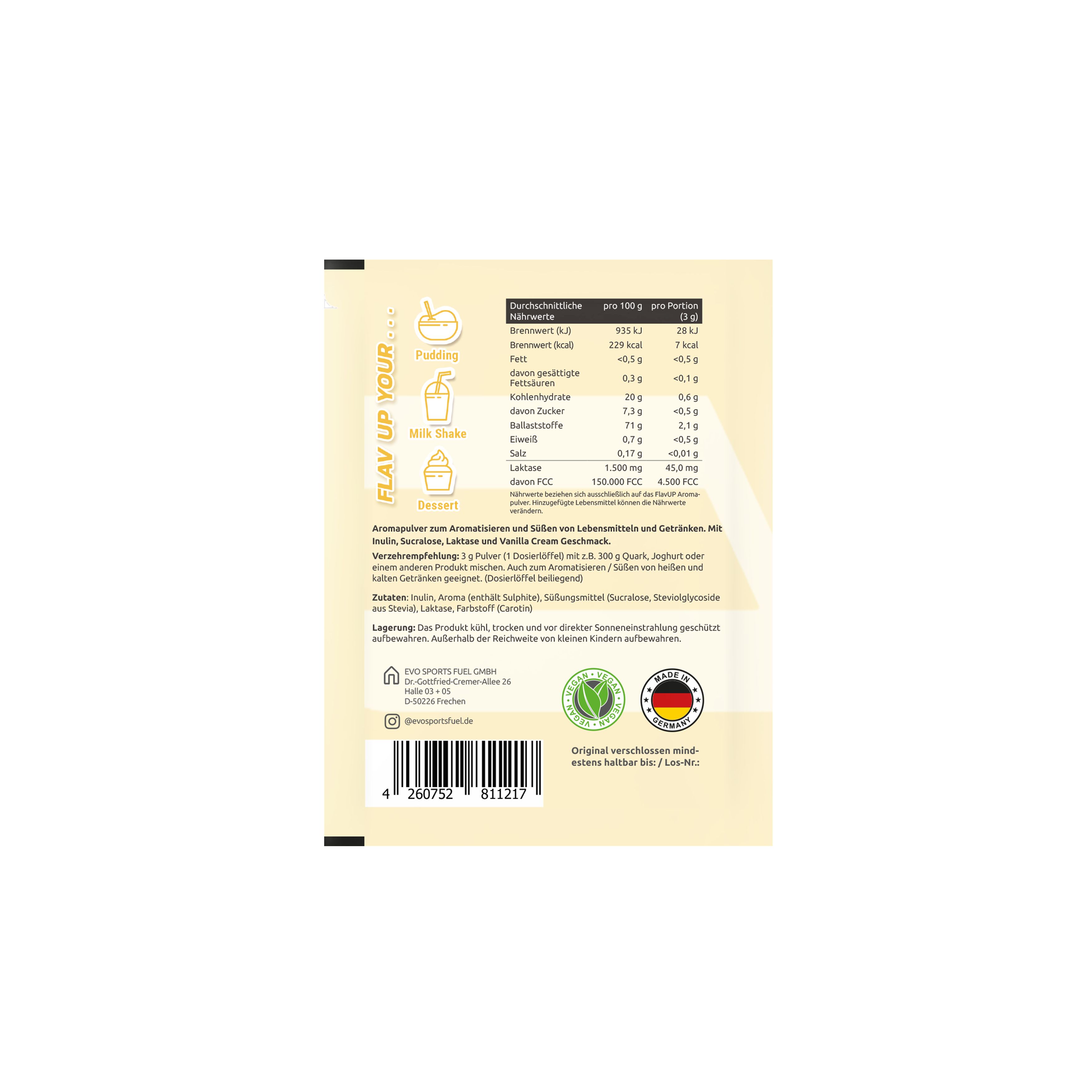 Rückseite des FlavUp-Beutels mit Nährwertangaben, Inhaltsstoffen und Herstellerinformationen. Mit Logo und Zertifizierungen.