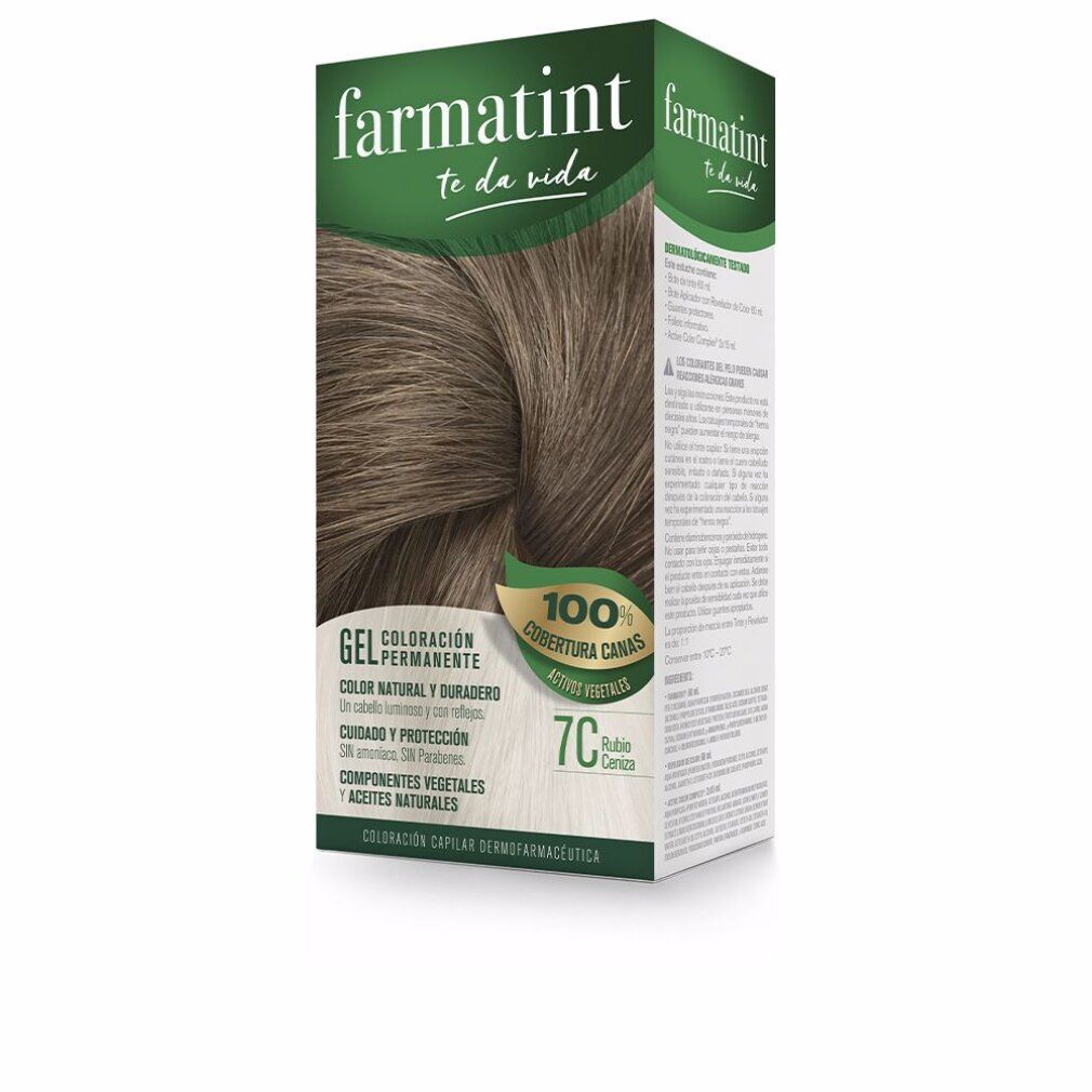 Produktverpackung von Farmatint. Die Schachtel zeigt eine Haarfarbe und Produktinformationen. "Farmatint" und "7C Aschblond" sind sichtbar.