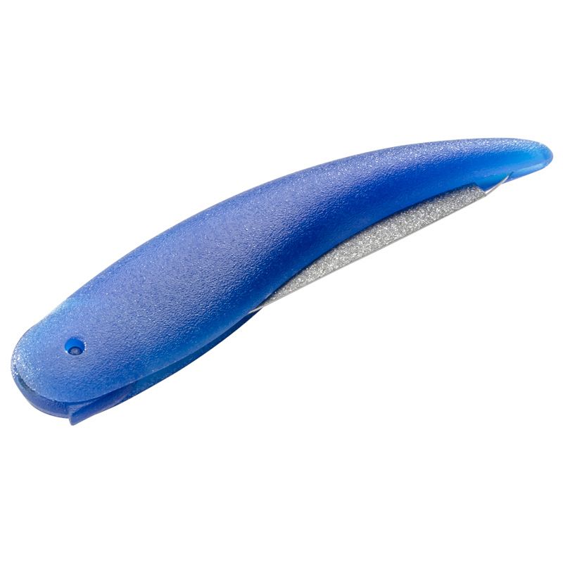 Blaue Taschenfeile. Gebogene Form mit silberfarbener Feilfläche. Kunststoffgriff mit Loch.