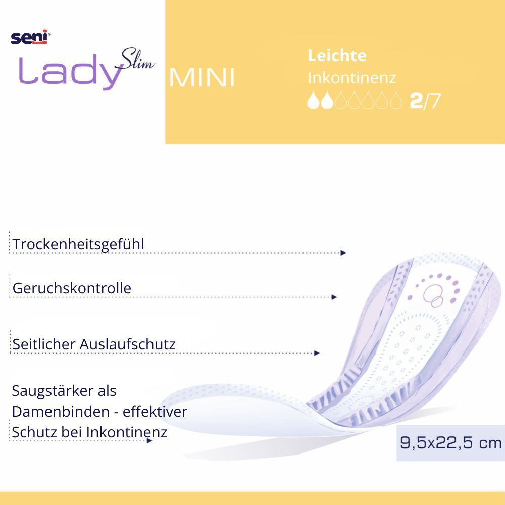 Seni Lady Slim Mini. Produkt mit Produktinformationen und Illustrationen. Abmessungen: 9,5x22,5 cm.