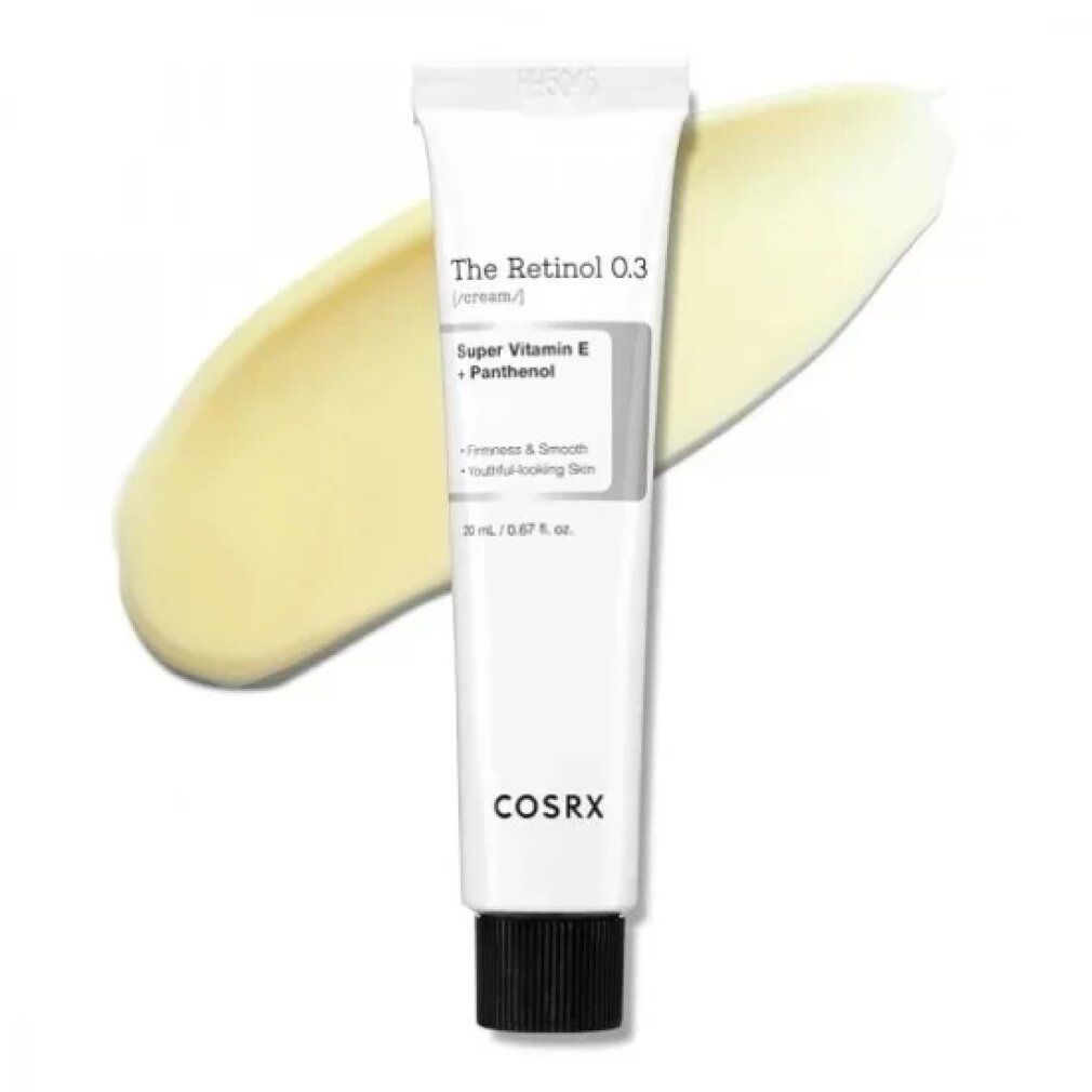 COSRX Retinol Cream 0.3 Tube mit einem cremigen Klecks daneben.