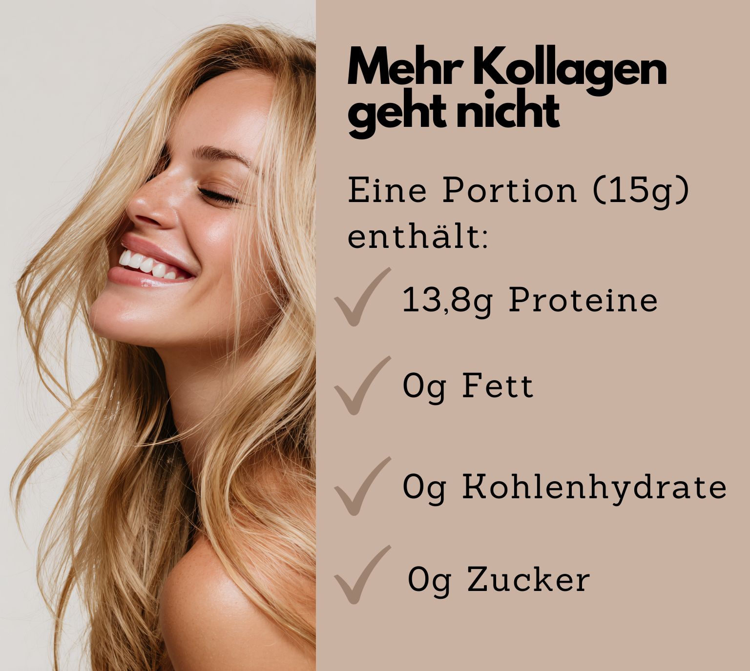 Portion (15g) EXVital Kollagen Pulver enthält 13,8g Protein, 0g Fett, 0g Kohlenhydrate, 0g Zucker.