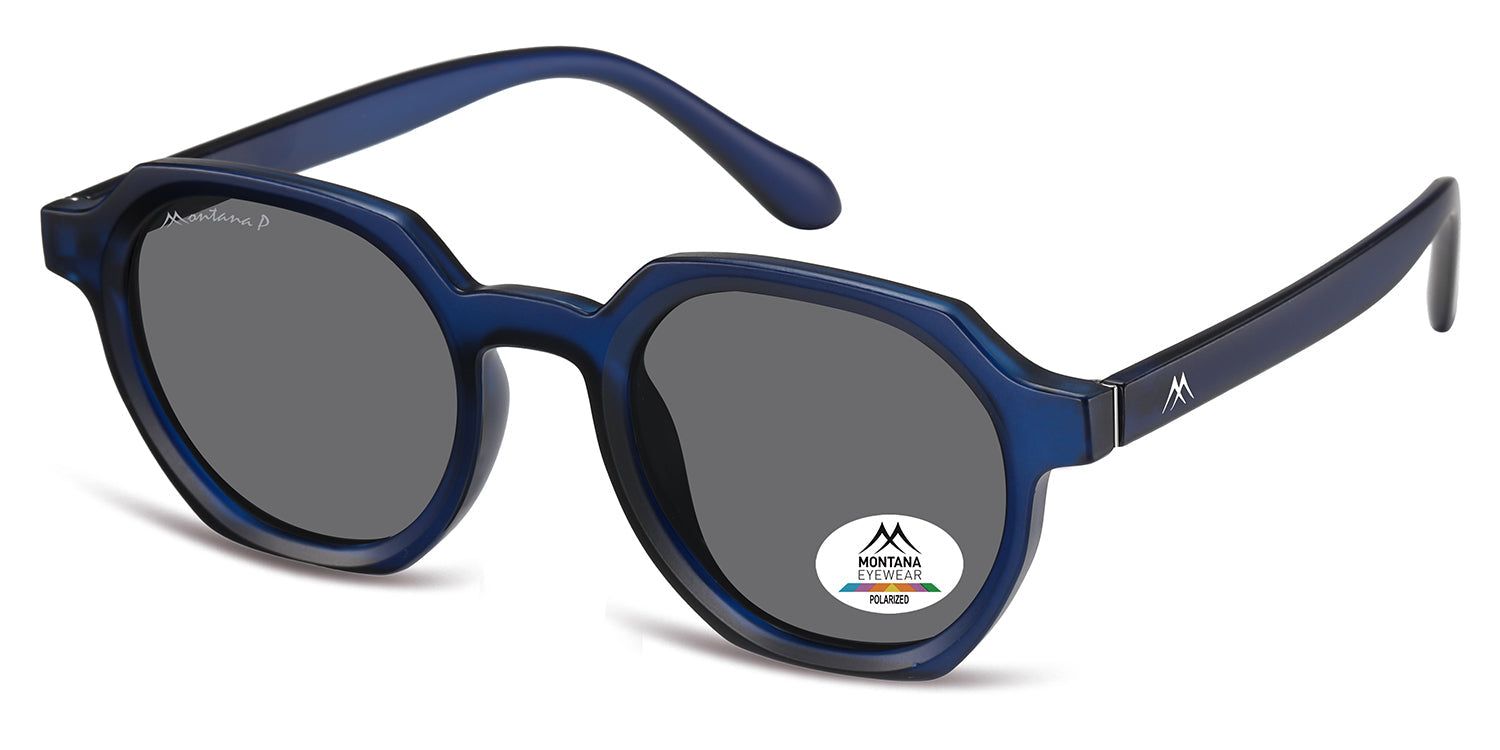 Blaue Sonnenbrille, eckige Form, graue Gläser. Montana Eyewear Logo auf dem Glas und Bügel. Polarisierte Gläser.