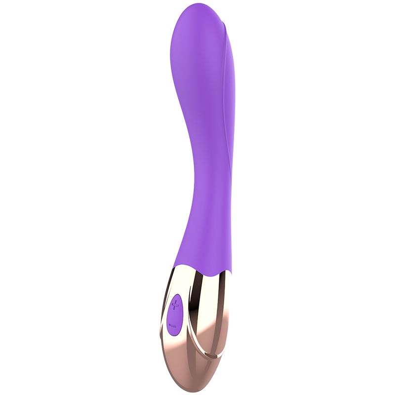 Lila Vibrator mit geschwungener Form. Goldfarbener Kopf mit Bedienknopf. Glatte Oberfläche.