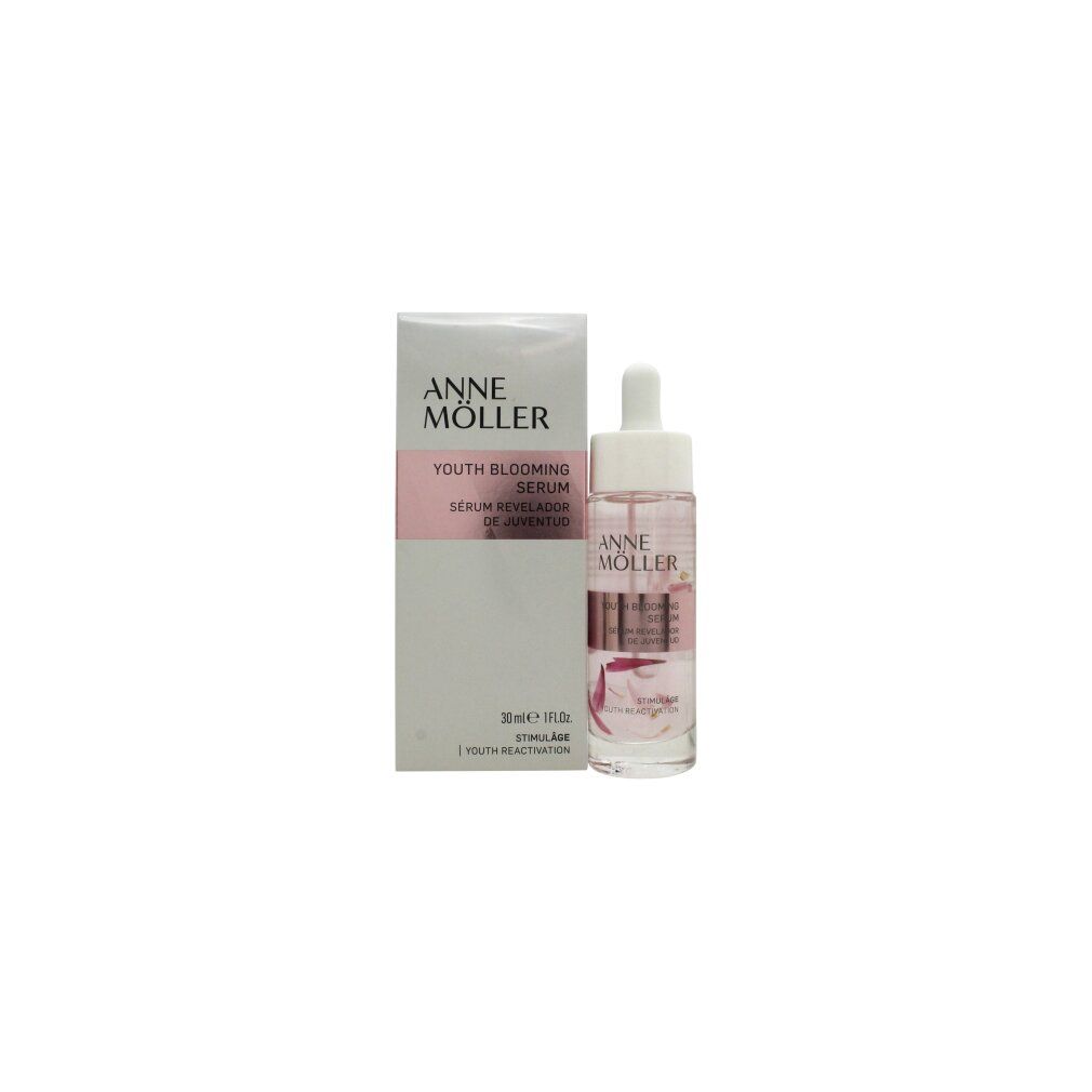 Serumflasche und Verpackung. Beschriftung: Anne Möller Youth Blooming Serum. Flasche mit Pipette.